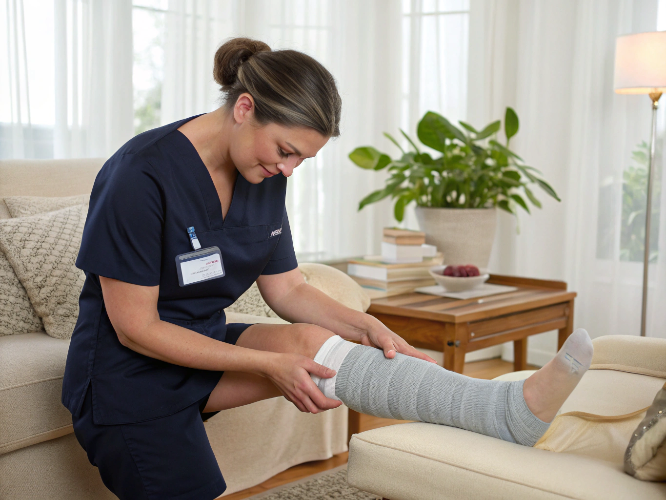 Clinician applying compression wrap to a patient leg