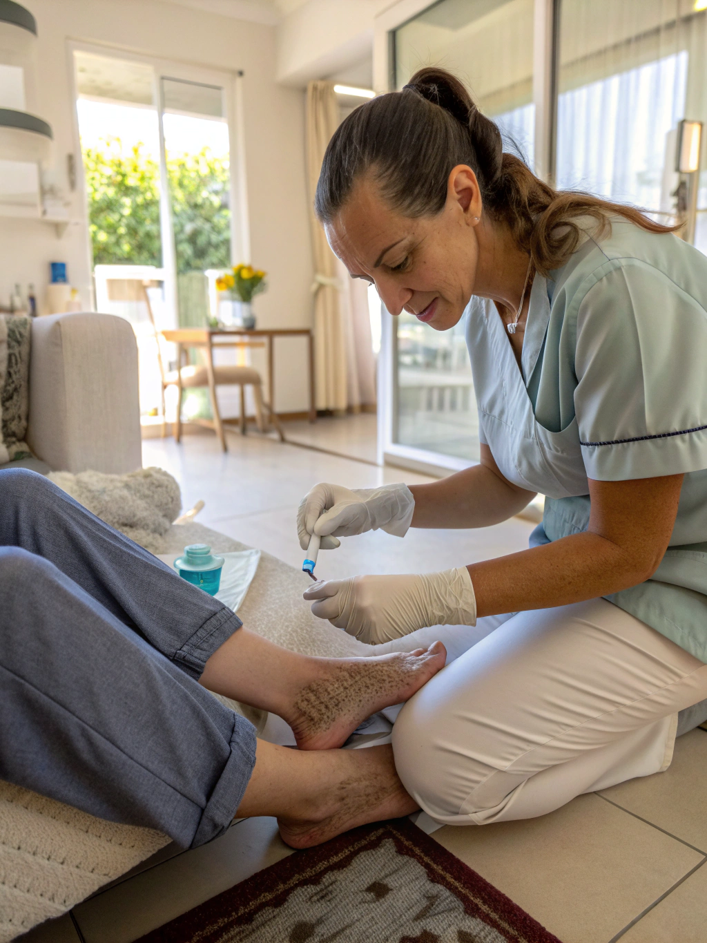 Certified mobile wound specialist gently examining a patient's foot ulcer at bedside